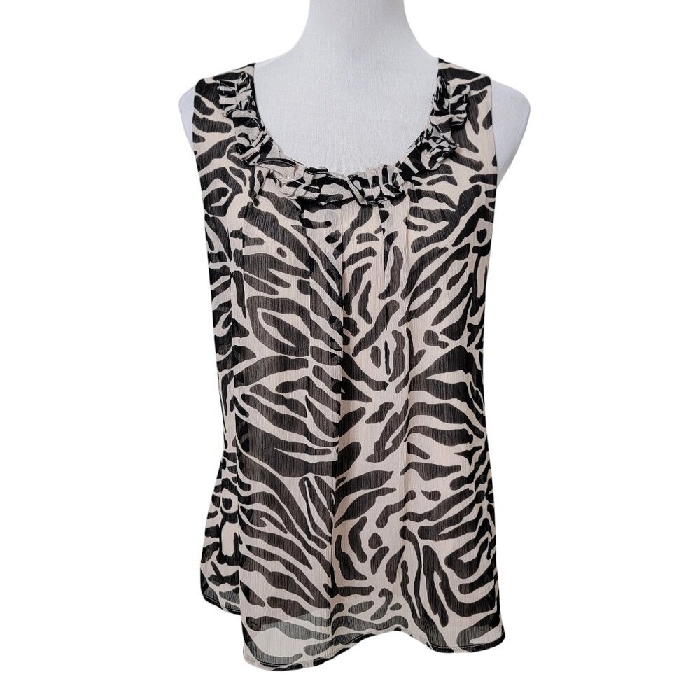 Charter Club Size XL Tan and Black Animal Print Sleeveless Top with Ruffled Neck